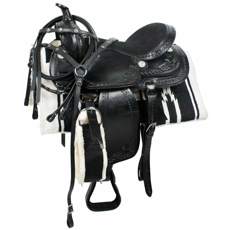16 =40 cm, Marron: Ensemble selle western Amigo tout cuir avec étriers, étrivières et sangle