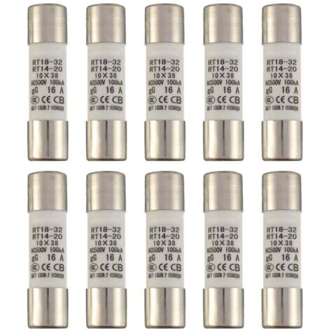16 A 500 V Keramikrohrsicherung RT18-32 Zylindrische Hochspannungssicherung 10 x 38 mm (10 Stück)