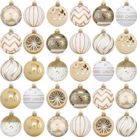 16 boules Noël Ø60 mm or blanc 10 styles incassables, suspension sapin décoration