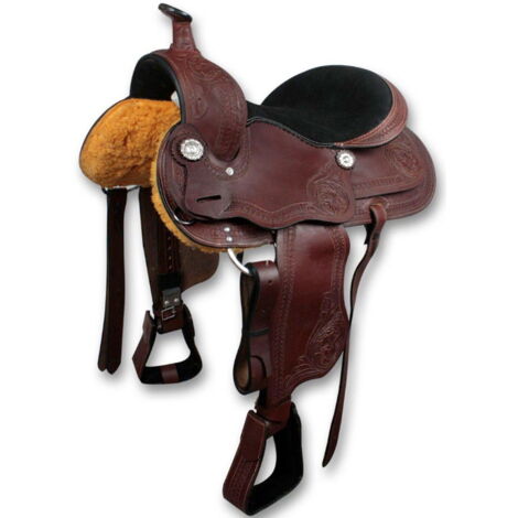 16", Chestnut: Sella western New Durango completa in vero cuoio da trekking con staffe, staffili e sottopancia in pelo