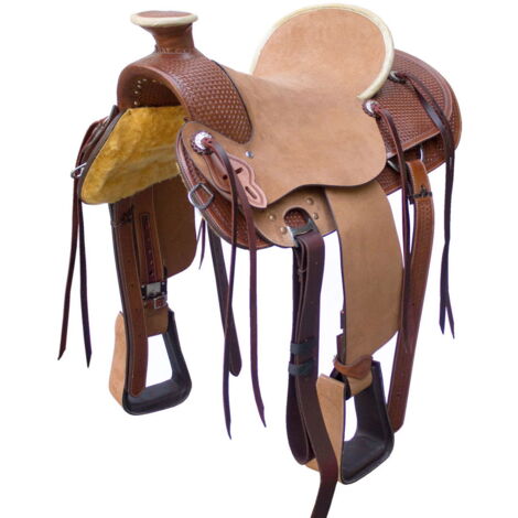 16", Cognac golden brown: Sella western Natowa da lavoro con seggio cuoio rovesciato e lavorazione basket