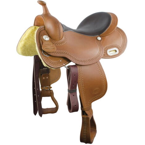 16", Cognac: Selle Western barrel en cuir graissé, siège en cuir lisse et arceau ralide