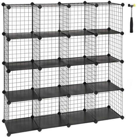 16 Cubes de Rangement en Treillis Metallique, Placard, Armoire avec Étageres Modulaires, Noir/Blanc