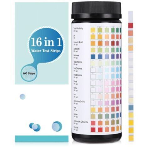 16 en 1 Bandelette Piscine et Spa, 100 Testeur PH Piscine, Bandelette Test Piscine, Testeur Piscine pour Tester la dureté, l'alcalinité Totale, le Chlore Libre, le Brome, le pH et plus