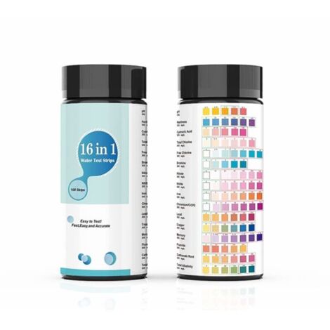 16-en-1 Bandelettes de Test d'Eau (100 unités) – Analyse pH, Nitrites, Chlore, Dureté, Mercure & Plomb dans l'Eau Potable, Piscine, Aquarium