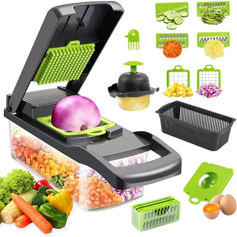 16 en 1 Mandoline Cuisine Kit, Coupe Decoupe Legumes Multifonctions, Legumes Manuel à 7 Lames Remplaçables Vegetable Chopper, Coupe Legume Cube, pour