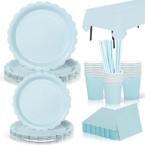 16 Ensemble vaisselle jetable,Assiettes papier 22,8cm,Gobelets pailles serviettes,Fête anniversaire mariage