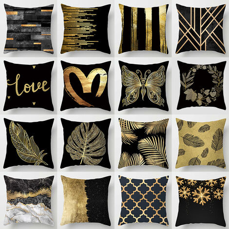 16 fundas de almohada con estampado de terciopelo de piel de melocotón negro y dorado, fundas de cojín decorativas para el hogar