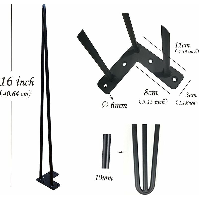 Briefness - 16 inch Metal Table Legs 40cm Black Steel Hairpin Table Leg 3 Rod Mid 41cm Century Modern Furniture Industrial Style for Side Table Bench