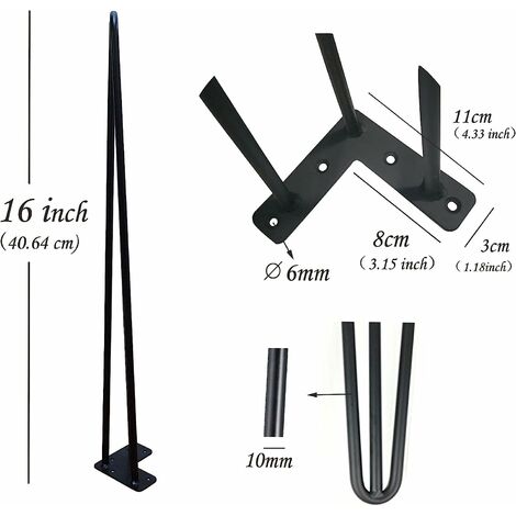 16 inch Metal Table Legs 40cm Black Steel Hairpin Table Leg 3 Rod Mid 41cm Century Modern Furniture Industrial Style for Side Table Bench DIY Furniture, with Protector Feet & Screws (Set of 4)