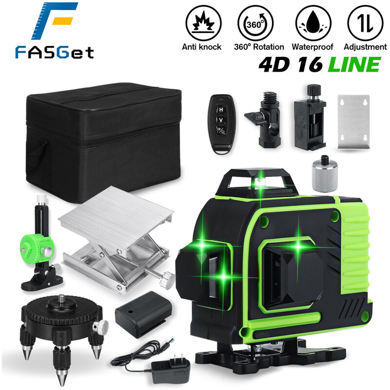 16 lignes 360° Niveau laser horizontal vertical croix 4D à lumière verte Mesure de nivellement automatique Faisceau laser super puissant