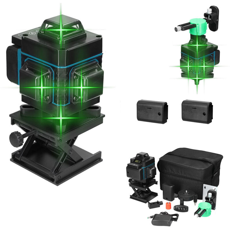 Niveau Laser, Distance de travail 10m, Avec 2 piles au lithium, Peut être contrôlé par application/télécommande, 16 lignes (3D), Laser vert