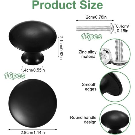 16 maniglie per mobili con 16 viti, maniglie per mobili nere da 30 mm, maniglie per mobili rotonde, adatte per cucine, armadi, cassetti, tolette, porte e mobili.