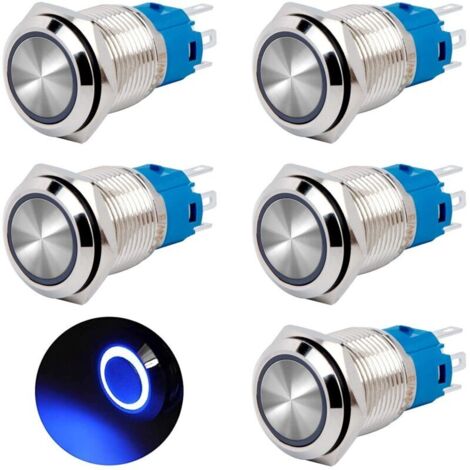 16-mm-Momenttaster, 12 V/24 V DC, 3 A, wasserdicht, verchromtes Messing mit blauem LED-Lichtring, 5er-Pack