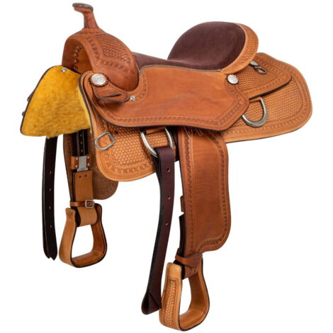 16", Naturale: Sella western modello Reining in pelle con lavorazione basket e seggio scamosciato