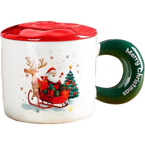 16 oz Christmas Santa Claus Mug with Lid and Spoon Christmas Coffee Cup with Handle Winter Xmas Holiday Birthday Tabletop Drinkware Teacup Gifts (with spoon)