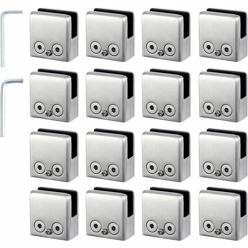 Echoo - 16 Pack 304 Stainless Steel Glass Clamps -Square Glass Clamp -Adjustable Flat Glass Clamp for Stair Balustrade -Polished Handrail - (8-10mm