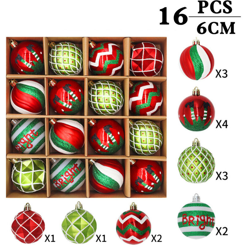 16 Pcs Decoration Noel Sapin Boule de Noel, Decoration Sapin Noel Boules de Noel avec Boules Vertes, Rouge et Or, 7 Styles Deco Sapin Noel Boules de