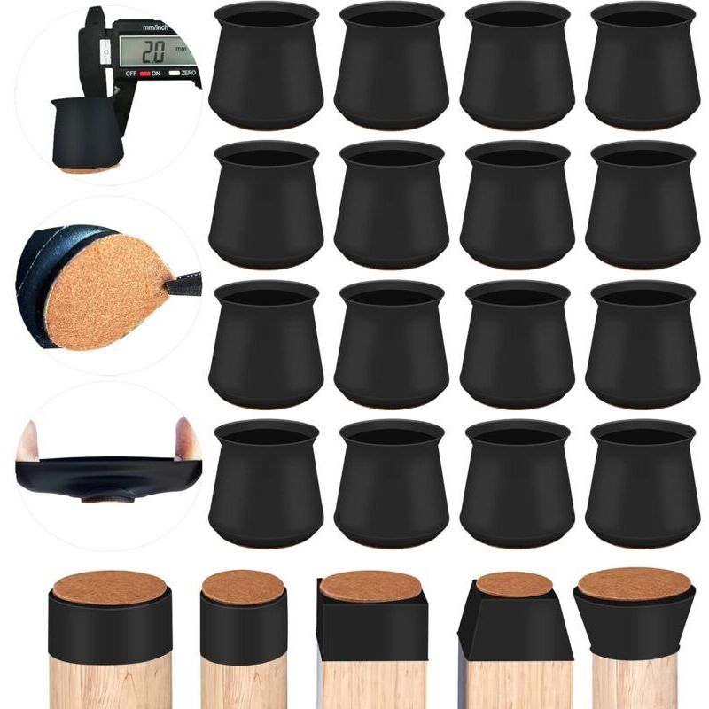 16 pcs Embout de Chaise en Silicone épais, Protection Pied de Chaise avec Coussinets Feutre, Rond/Carré pour Pieds de Chaise et Table