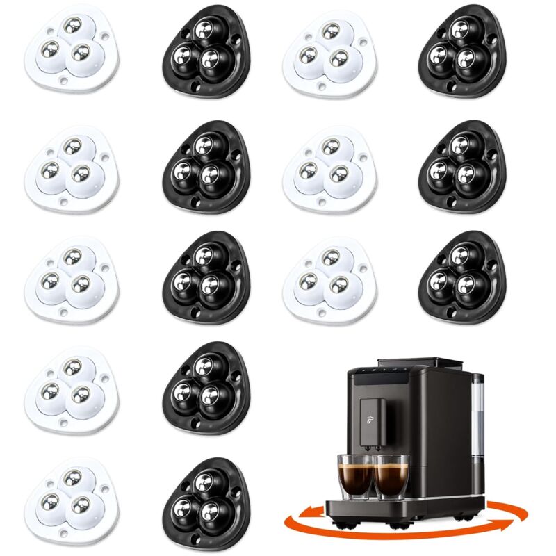 Gabrielle - 16 Pcs Mini Roulettes Auto-adhésives en abs, Roulettes Universelles Pivotantes à 360°, 3 Trous Mini Roulettes 8 Noires 8 Blanches pour