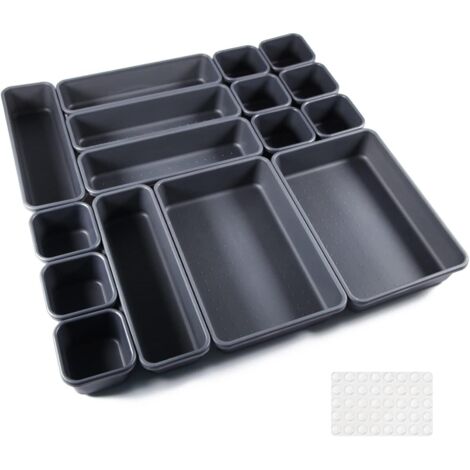 16 Pcs Organisateur Rangement Tiroir Cuisine Organiseur de Bureau Plastique Salle avec 40 Boule Bntidérapante en Siliconedede Bain Plateaux pour Maquillage, Cuisine(Noir) Noir 16pcs -