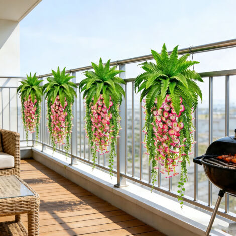16 PCS Plantes Artificielles Suspendues Fougère Boston et Herbe Persane, Plantes Tombantes Résistantes UV Feuillage Persistant pour Décoration Balcon Fenêtre Terrasse Jardin