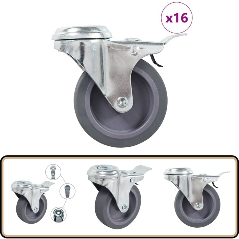 16 pcs Roulettes pivotantes à trou de boulon 75 mm - Roulettes Pivotantes - Roulettes À Frein - Roulettes Industrielles - Chariots Mobiles