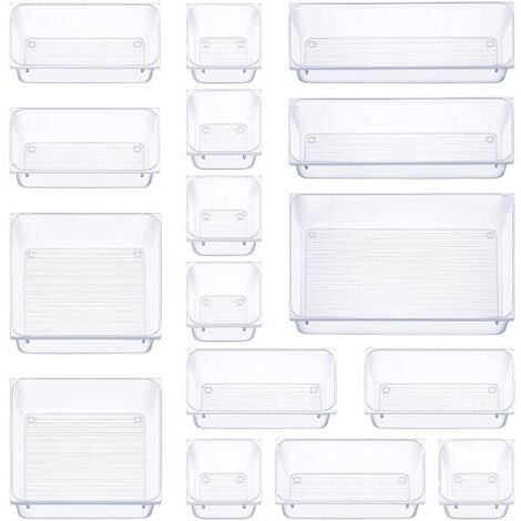 16-piece drawer organizer, 5 sizes drawer storage box, non-slip makeup organizer, for office stationery storage, dresser, bathroom, kitchen (transparent)