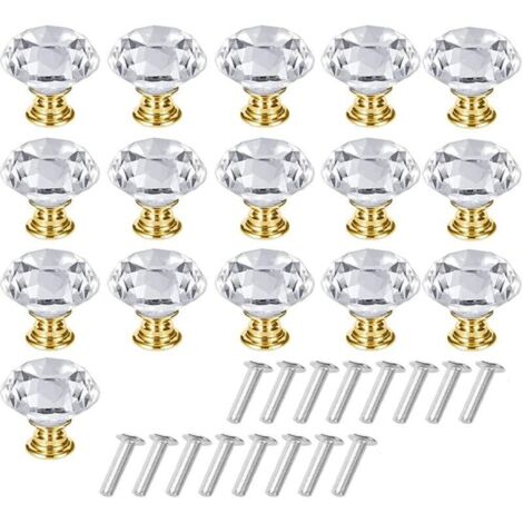 16 Pieces Crystal Cabinet Handle, Crystal Cupboard Knob, Crystal Drawer Handle, Solid Clear Crystal Furniture Knob with Screws for Dressing Table, Wardrobe (Gold, Clear)