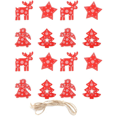 16 Pièces Décorations de Noël en Bois à Suspendre avec Ficelle, Étoiles, Anges et Élans pour Sapin