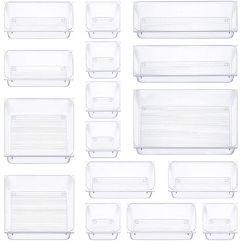 16 Pieces Drawer Organizer, 5 Sizes Drawer Storage Box, Non-Slip Makeup Organizer, for Office Stationery Storage, Dresser, Bathroom, Kitchen (Transparent)