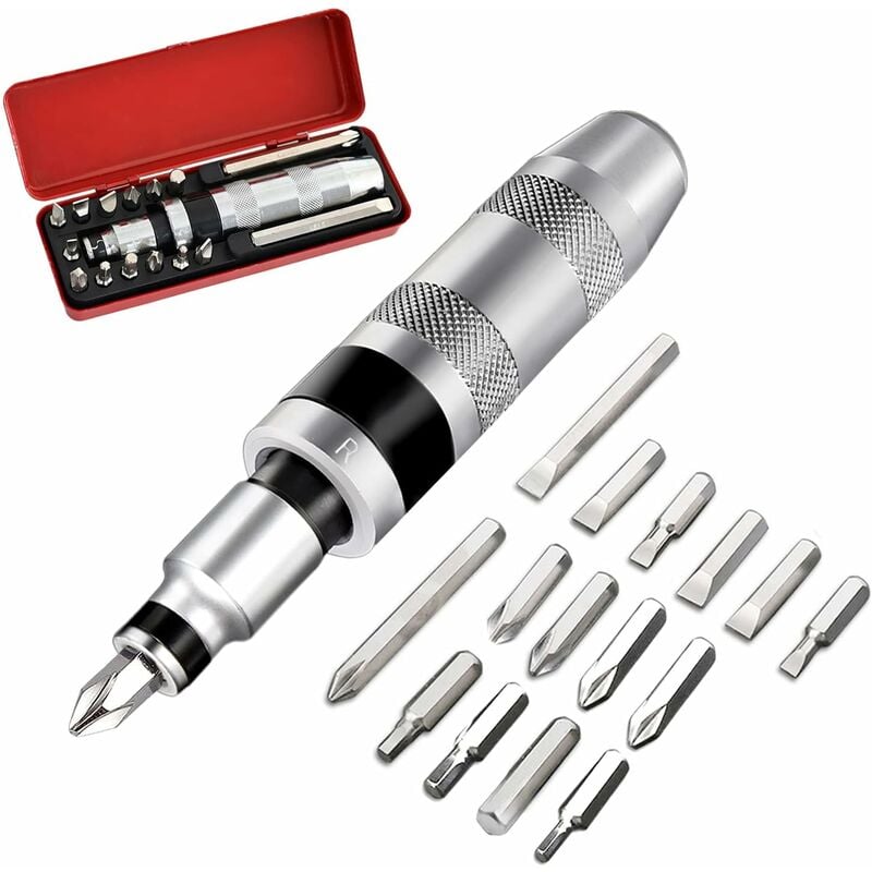 16 Pièces Kit Tournevis a Frapper, 1/2' Manuel Impact Driver Avec 15 Pièces Mèches(Plat, Cruciforme, Hexagonale), pour Tourner Les Fixations