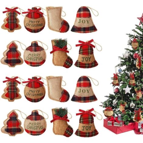 16 Pièces Ornements de Noël en Toile de Jute, 8 Modèles Ornements Suspendus de Noël à Carreaux Rouges Ornements de Cloche Sapin de Noël Boule Stockage pour Noël Fête Décoration (12cm x 12cm)