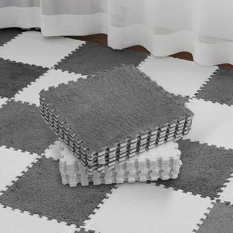 16 Pieces Plush Puzzle Foam Floor Mat Interlocking Squares Fluffy Tiles with White and Gray Border Play Mat Puzzle Floor Tiles Soft Climbing Mat for Home Playroom Decor