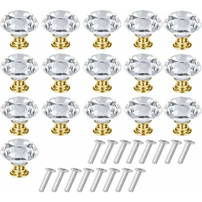 16 Pièces Poignée d'Armoire Cristal, Bouton de Placard Cristal, Poignée de Tiroir en Cristal, Solide Bouton de Meuble en Cristal Transparent avec Vis