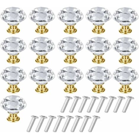 16 Pièces Poignée d'Armoire Cristal, Bouton de Placard Cristal, Poignée de Tiroir en Cristal, Solide Bouton de Meuble en Cristal Transparent avec Vis pour Coiffeuse, Armoire(Doré, Transparent)
