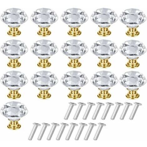 16 Pièces Poignée d'Armoire Cristal, Bouton de Placard Cristal, Poignée de Tiroir en Cristal, Solide Bouton de Meuble en Cristal Transparent avec Vis pour Coiffeuse, Armoire(Doré, Transparent)