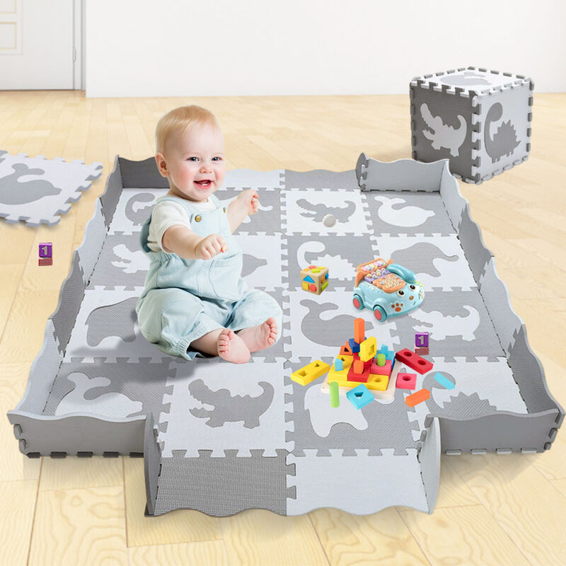 Dazhom - 16 pièces Tapis puzzle,Bébé Mousse Enfant Tapis ,avec Clôture,Mousse EVA,Antidérapant