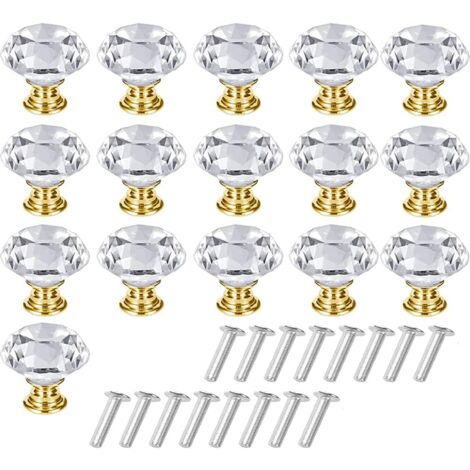 16 Stück Kristall-Schrankgriff, Kristall-Schrankknauf, Kristall-Schubladengriff, massiver transparenter Kristall-Möbelknopf mit Schrauben für Schminktisch, Kleiderschrank (golden, transparent)