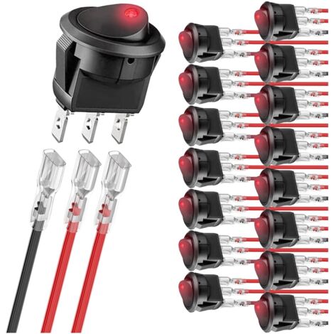 16 Stück runde Wippschalter mit roter LED, 12 V, 20 A, 3-polig, kabelgebunden, Ein-/Ausschalter mit LED-Beleuchtung, SPST-Schalter, mit 48 Verriegelungsanschlusskabeln