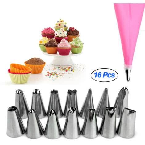16-teiliges Set aus Edelstahl-Tüllen zum Dekorieren von Torten, inklusive Spritzbeuteln und Zubehör zum Glasieren und Backen.