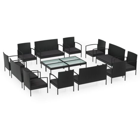 16-tlg. Garten-Lounge-Set mit Auflagen Poly Rattan Schwarz vidaXL