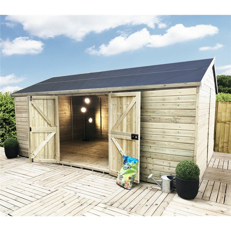 16 x 10 WINDOWLESS Reverse Premier Pressure Treated Tongue And Groove Apex Shed With Higher Eaves And Ridge Height And Double Doors (12mm Tongue &