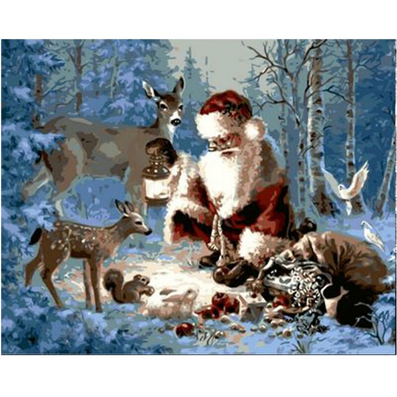 

Happyshopping - 16 x 20 pulgadas DIY Pintura al oleo sobre lienzo Kit de pintura por numeros Patron de alce de Papa Noel para adultos Ninos