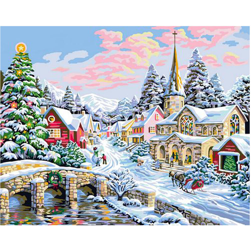 

Happyshopping - 12 * 16 pulgadas DIY Pintura al oleo sobre lienzo Pintura por numero Kit Patron de escena de nieve para adultos Ninos Principiante