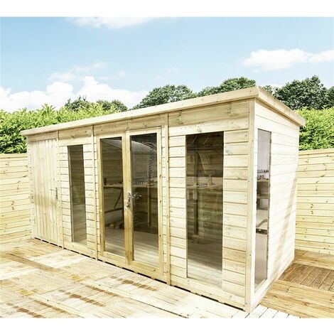 16 x 7 COMBI Pressure Treated Tongue & Groove Pent Summerhouse with Higher Eaves and Ridge Height + Side Shed + Toughened Safety Glass + Euro Lock with Key