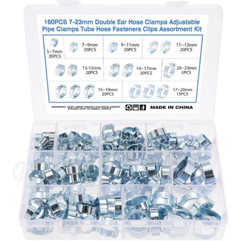 160 pièces 5-23mm Double Oreille O Clips pinces de tuyau, Réglable Colliers De Tuyauterie, Pinces Fixation Tuyau -