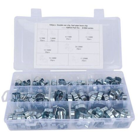 160 pièces 5-23mm Double Oreille O Clips pinces de tuyau, Réglable Double Oreille Colliers De Tuyauterie, Pinces de Fixation de Tuyau