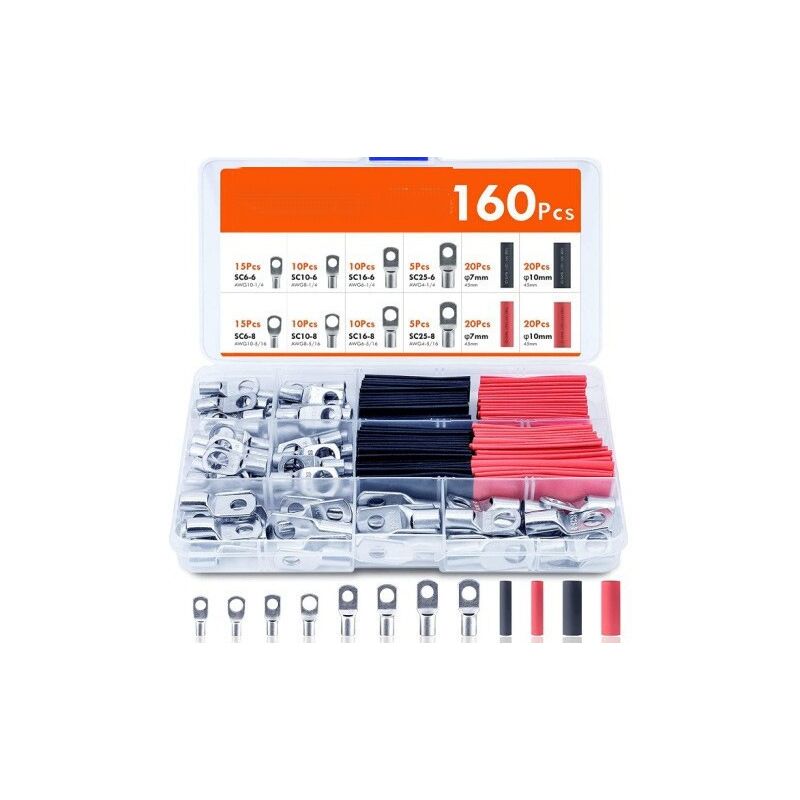 160 Pièces Cosses Electriques a Sertir,16mm²25mm²35mm²Cosse Etamé Connecteurs,80 Cosses de Câble Anneau et 80 Tubes Thermorétractables