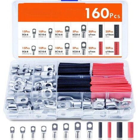 160 piezas de terminales de crimpado eléctrico, conectores de terminales estañados de 16 mm², 25 mm² y 35 mm², 80 terminales de cable de anillo y 80 tubos termorretráctiles